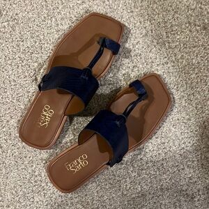 Franco Sarto Black and Blue Snake Print Flat Sandal - gently used